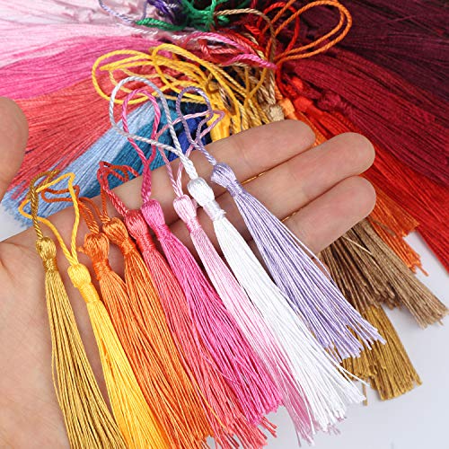 DERAYEE 100 PCS Silky Handmade Tassels Bookmarks Tassel Craft Floss Tassel with Cord Loop for Jewelry Making DIY Projects (assorted 25 Colors)