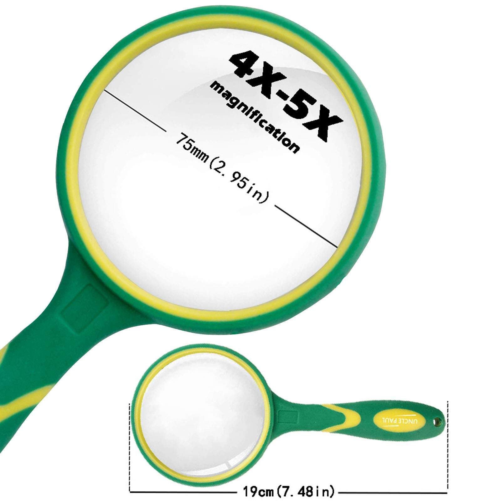 Magnifying Glass 4X-5X Large Handheld Magnifier with Cleaning Cloth - 75mm Thickened Lens Frame Non-Slip Soft Rubber Handle for Seniors Reading Kids Observation Classroom Science Tool Green OS04