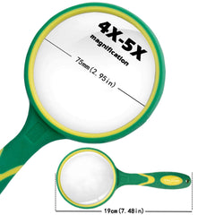 Magnifying Glass 4X-5X Large Handheld Magnifier with Cleaning Cloth - 75mm Thickened Lens Frame Non-Slip Soft Rubber Handle for Seniors Reading Kids Observation Classroom Science Tool Green OS04