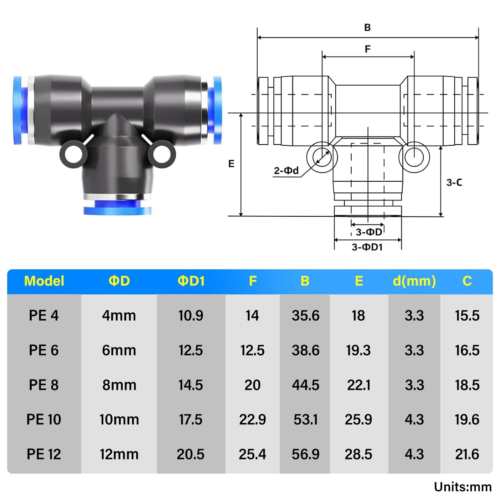 TAILONZ PNEUMATIC 8mm OD Tee Plastic Push to Connect Fittings 3 Ways Tube Connect Push Fit Push Lock PE-8 (Pack of 2)