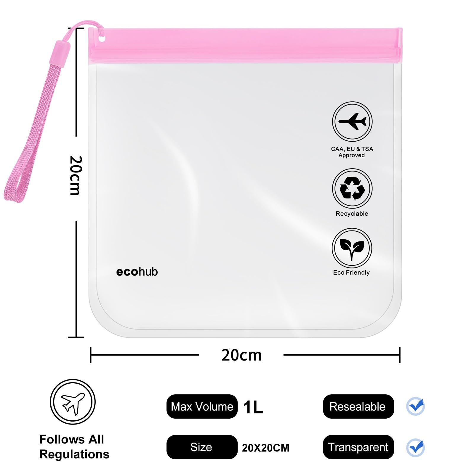 ECOHUB Airport Security Liquids Bags, EVA Airport Liquid Bag 20 x 20cm Airline Approved Clear Travel Toiletry Bag for Women Men, Zip Lock Bags with Strap for Travel (2 pcs Pink)