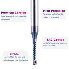 SpeTool Single Flute Aluminium Router Bits 1/4 Shank Tungsten Carbide Spiral O Flute End Mill 1/8 inches Cutting Diameter with TAC Coating CNC Router Bits Router Cutters Milling Bits for Wood Aluminum