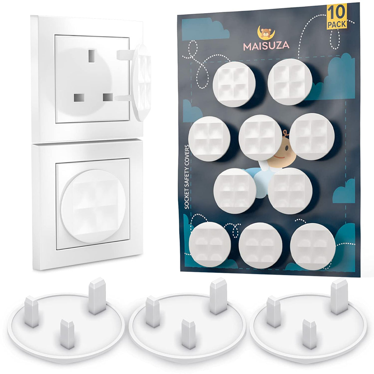 Plug Socket Covers UK, Pack of 10 Premium Baby Safety Socket Protector -Tight Grip 3 Pin White Baby Plug Covers, Perfect for Child Safety at Home & School