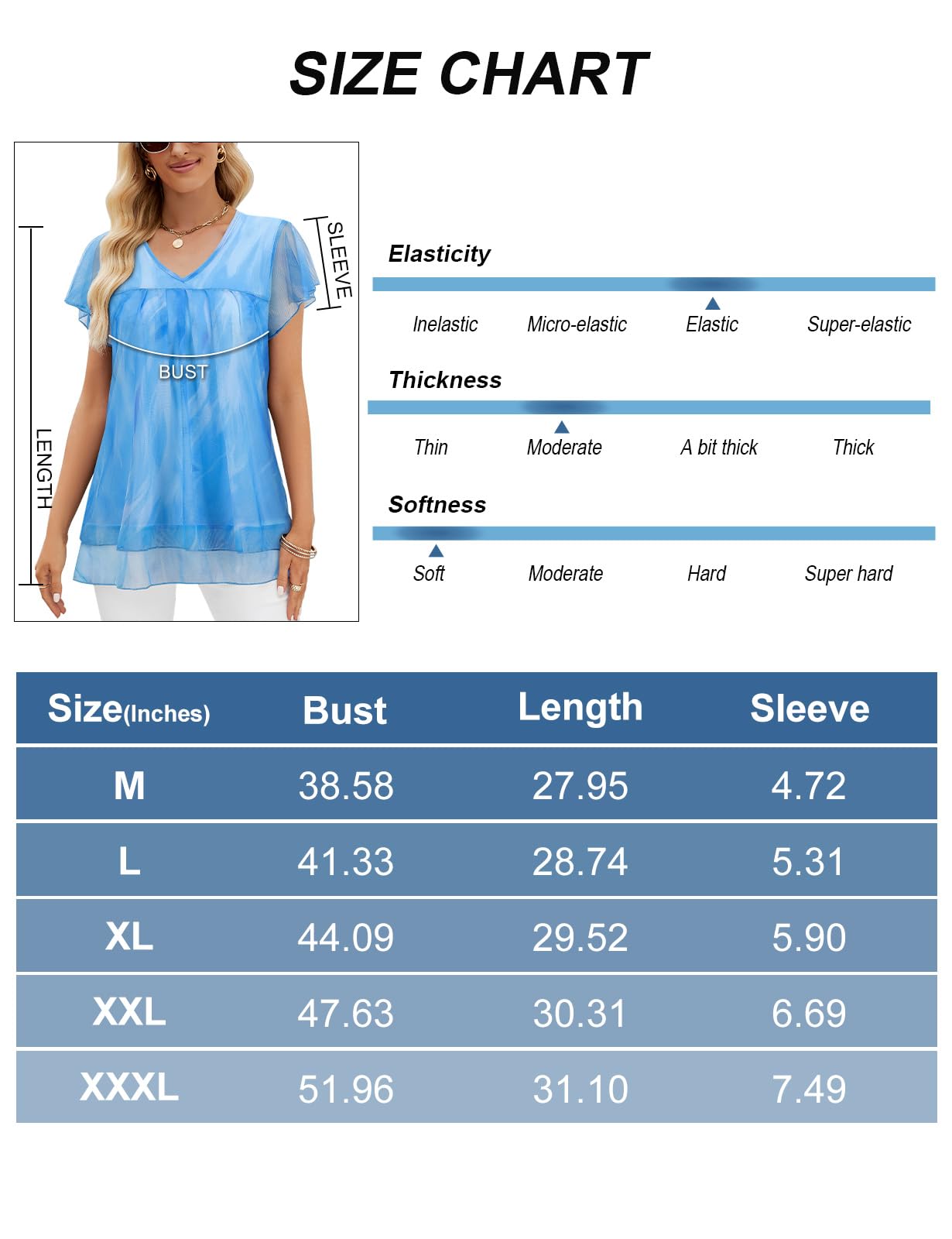 Syphiby Dressy Tops for Women, Ruffle Short Sleeve Summer T Shirts Ladies Casual Tops Blouses for Women UK Flowy Loose Fit T Shirts Double Layered Mesh Summer Vacation Tops, Blue-Medium