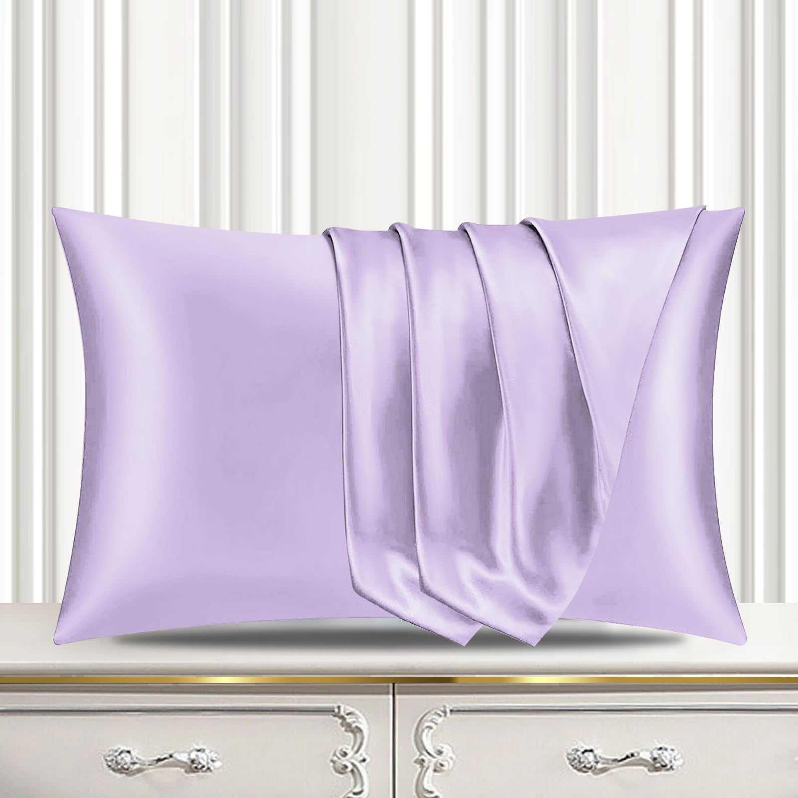 Pamposh Satin Silk Pillowcases For Hair And Skin 2 Pack Standard Size with Envelope Closure (2 Pcs Pillowcases (50 x 75 cm), Purple)