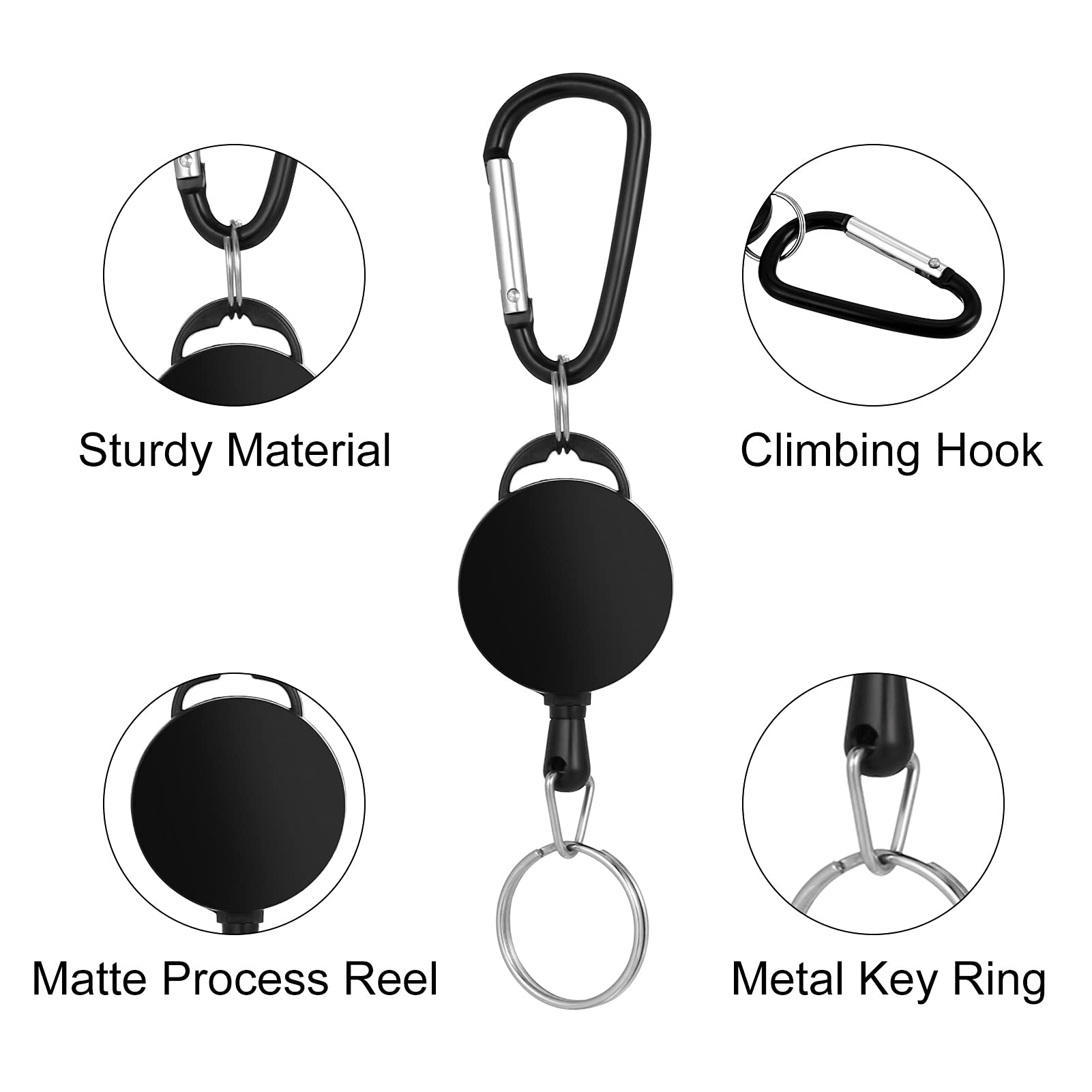 cluis 4Pcs Retractable Badge Reels, Extendable Keyring Reel Clips Heavy Duty Lanyard Key Chain Lanyard Clips Badge Holder Pull - Black