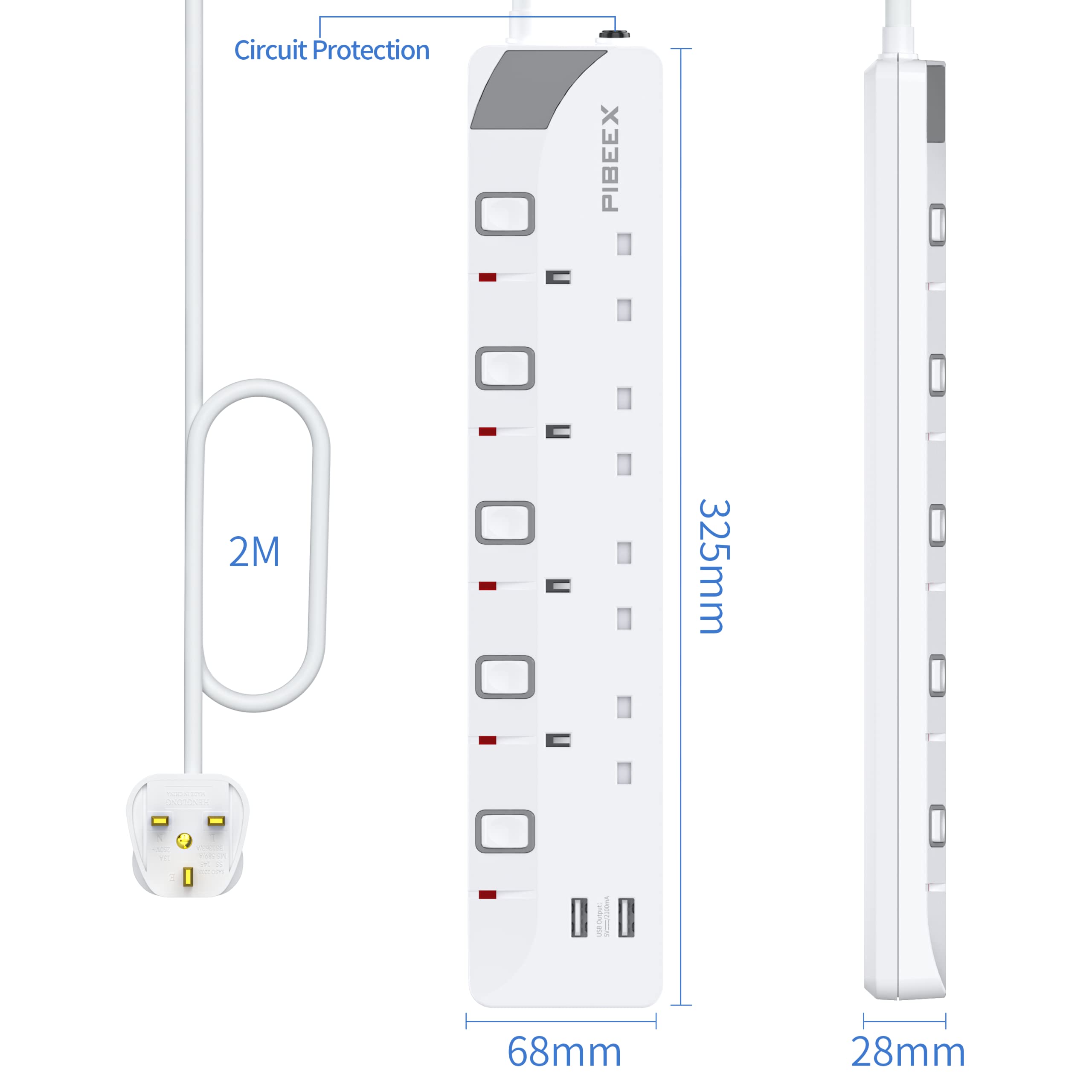 PIBEEX Extension Lead with 4 Way Plug Sockets, 13A, Individual Switches, 2 USB Ports, 2M Extension Cord, 3250W Power Strips for Mounting