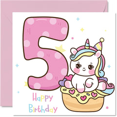 5th Birthday Card Girl - Magical Unicorn Birthday Card - Happy Birthday Card 5 Year Old Girl, Girls Birthday Cards for Her, 145mm x 145mm Greeting Card for Daughter Niece Granddaughter Kid Children