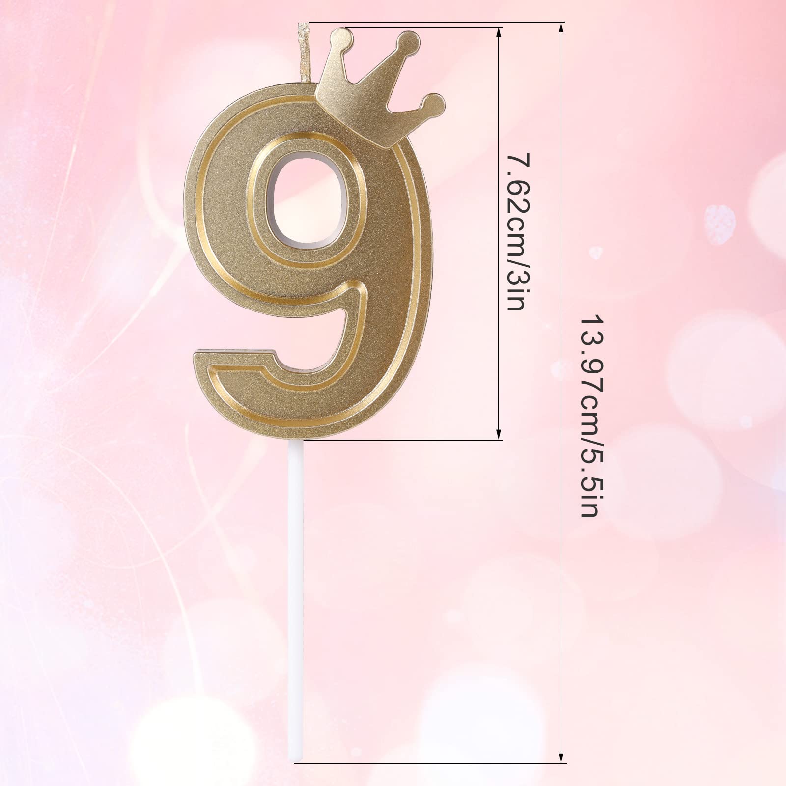 AIEX 3inch Birthday Number Candle, 3D Candle Cake Topper with Crown Cake Numeral Candles Number Candles for Birthday Anniversary Parties (Gold; 9)
