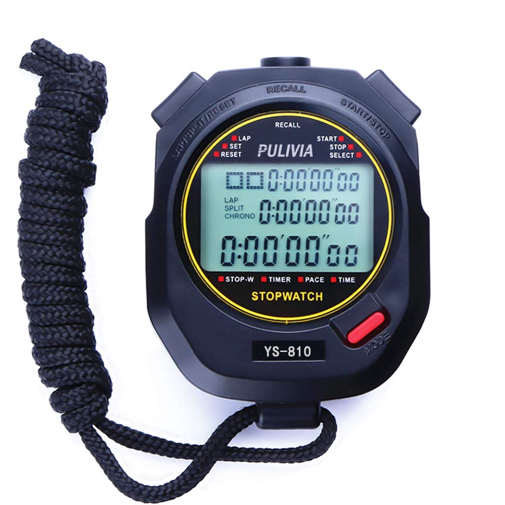 PULIVIA Stopwatch Sports Timer 10 Laps/Splits Digital Stopwatch with Recall Countdown Timer Clock Alarm Calendar, Large Display Stopwatch for Coaches Swimming Running sport Training