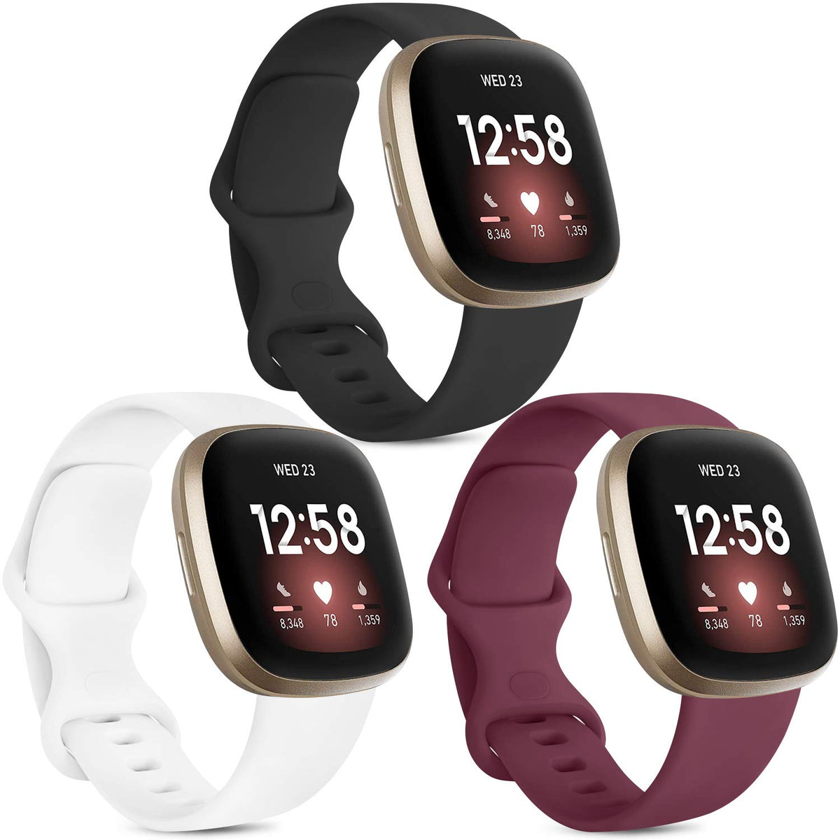 [3 Pack] Strap Compatible for Fitbit Versa 3 Strap/Fitbit Sense Strap, Soft Silicone Replacement Strap for Fitbit Versa 3 / Fitbit Sense Smart Watch (Black/White/Wine red, Large)