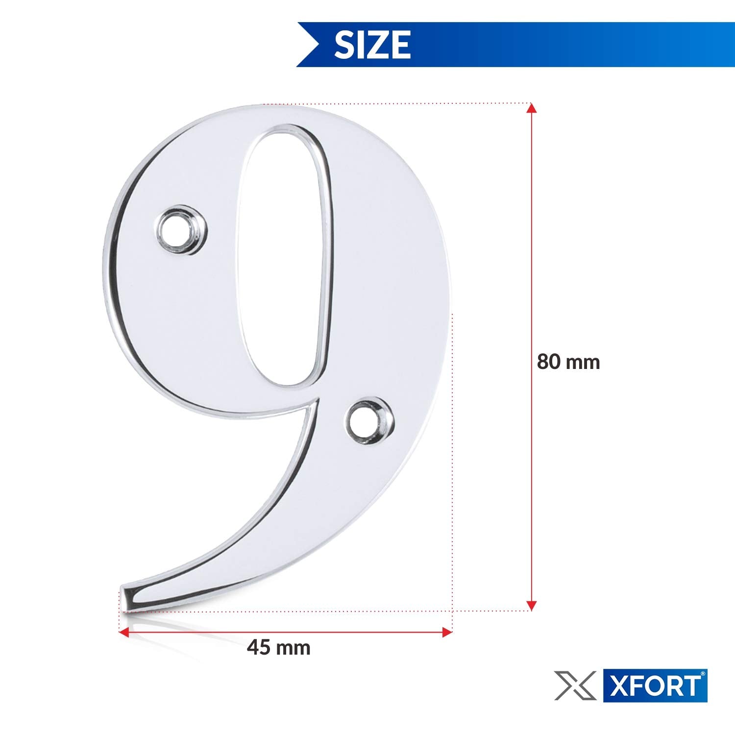 XFORT® 3 Inch Screw Fix Front Door Number, Number 9, Elegant and Bold Door Numerals in a Beautiful Polished Chrome Mirror Finish, Suitable for All Door Types Including Wooden, uPVC, and Composite.