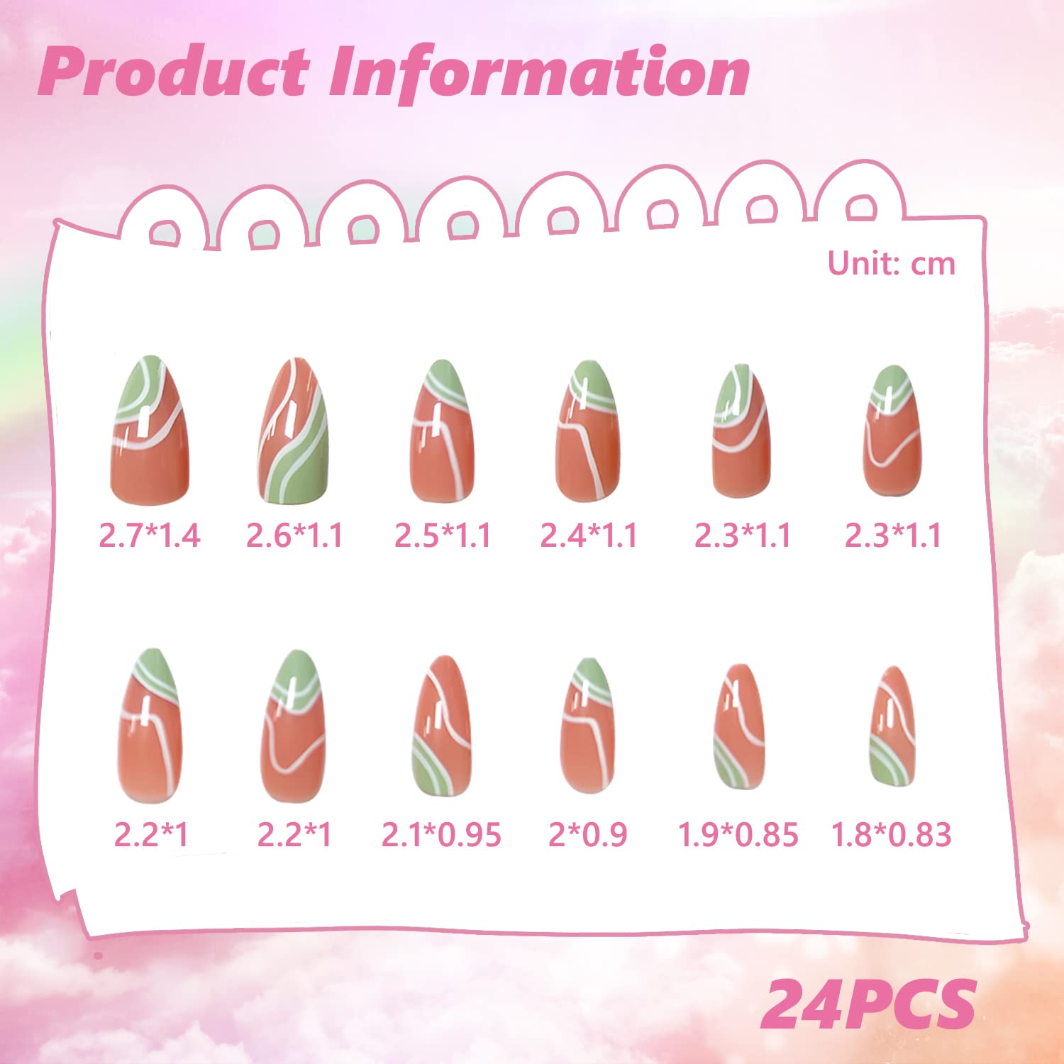 24PCS French Tip False Nails Short Press on Nails, Pink Wavy Lines Almond Nails Fake Nail, Full Cover Stick on Nails for Women Girls Favors DIY Nail Art A5FSMJP