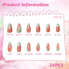 24PCS French Tip False Nails Short Press on Nails, Pink Wavy Lines Almond Nails Fake Nail, Full Cover Stick on Nails for Women Girls Favors DIY Nail Art A5FSMJP