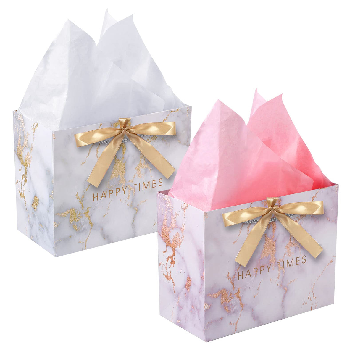 HuaJiao 2 Pack Gift Bags, Medium Paper Present Bags with 2 Tissue Paper and Bow Ribbon for Birthday Valentines Day Mothers Day Wedding Blue Pink (25 X 20 X 12 cm)