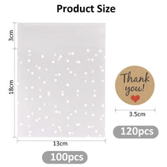 100 Pcs Self Seal Cellophane Bags, Self Adhesive Dot OPP Bags Clear Cookie Bags for Cookies, Sweets, Gifts, Jewelry,Candy, Chocolate (13 x 18 cm)