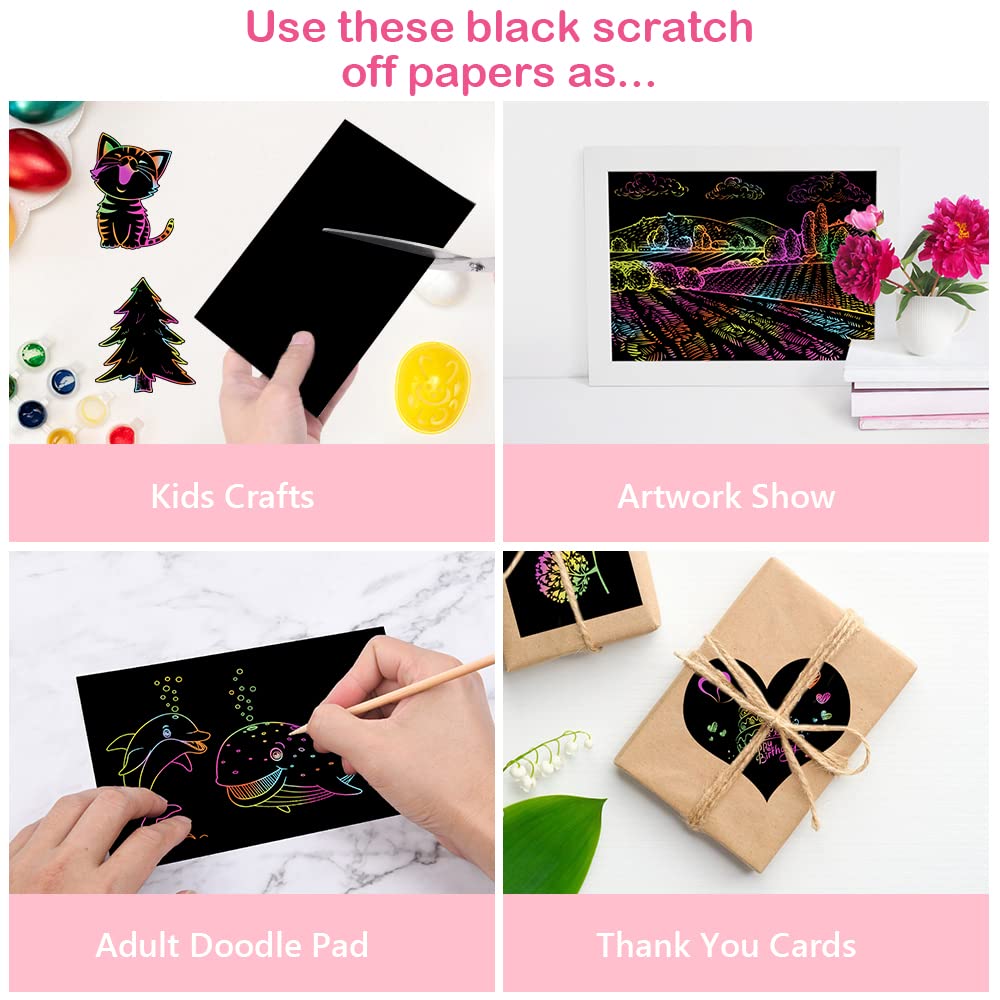 Vicloon Rainbow Scratch Art, 50Pcs Black Magic Scratch Art Notes Painting Boards Arts and Crafts for Kids with 4 Stencils 5 Wooden Stylus Birthday Gifts DIY Party Gift(13 * 19CM)