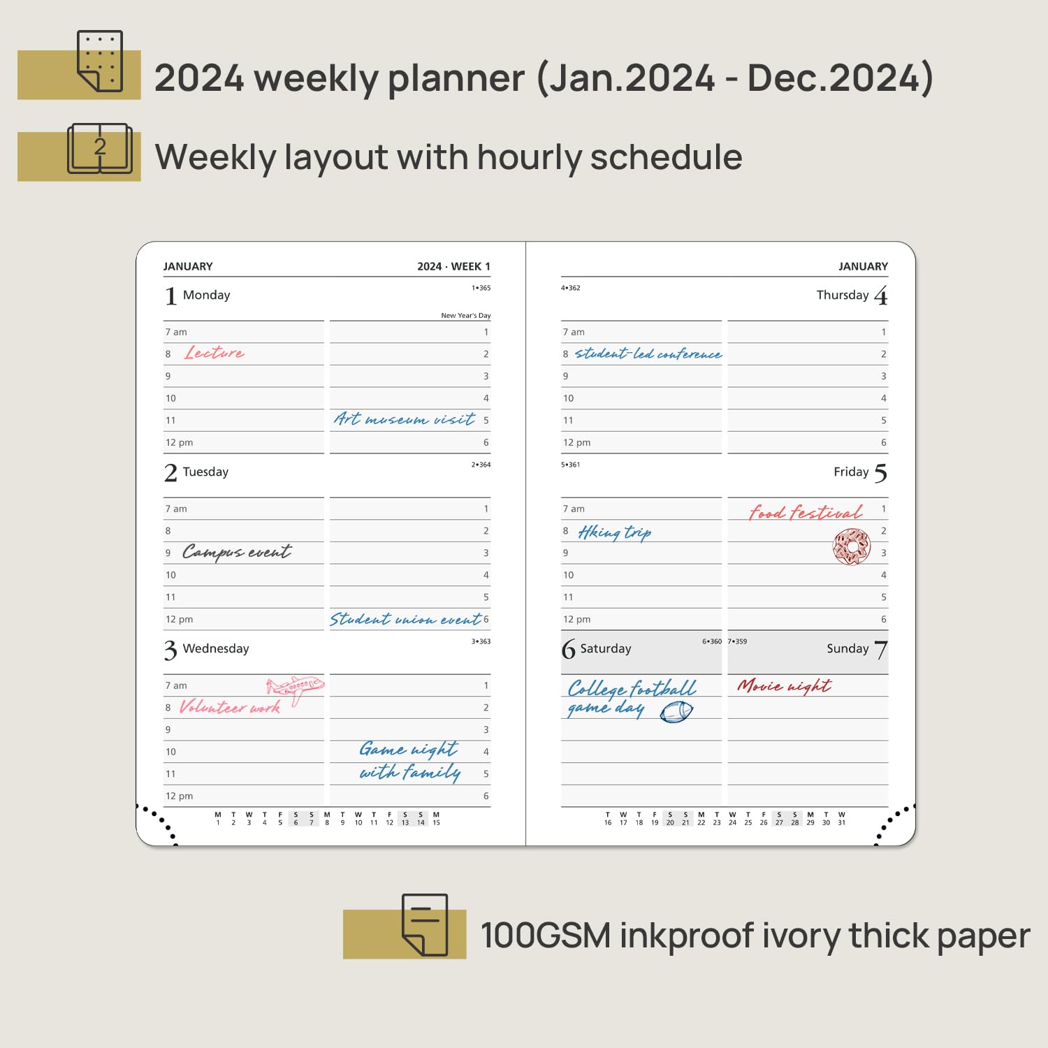 POPRUN Pocket Diary 2024 Diary Small Week to View A6 16 x 10.5 cm Hardback 24 Weekly Planner with Dotted Note Pages, Foldable Inner Pocket, 100 GSM FSC® Paper - Black