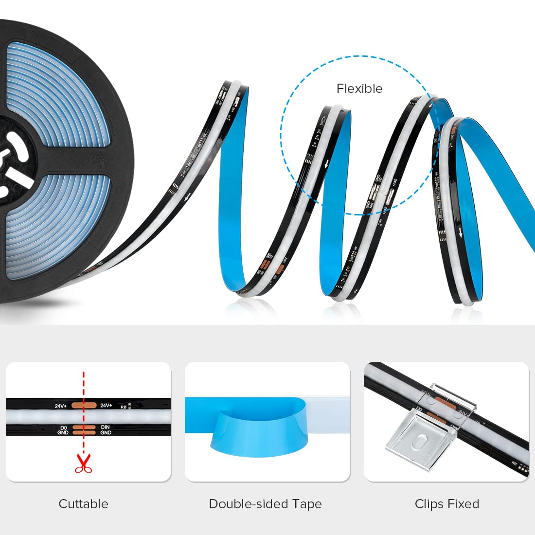 BTF-LIGHTING FCOB SPI RGB Flexible High Density LED Strip COB WS2811 IC LED Strip 3M 630LEDs/m 14W/M DC24V Black PCB IP30 Chasing Colour(Without Controller and Power Supply)