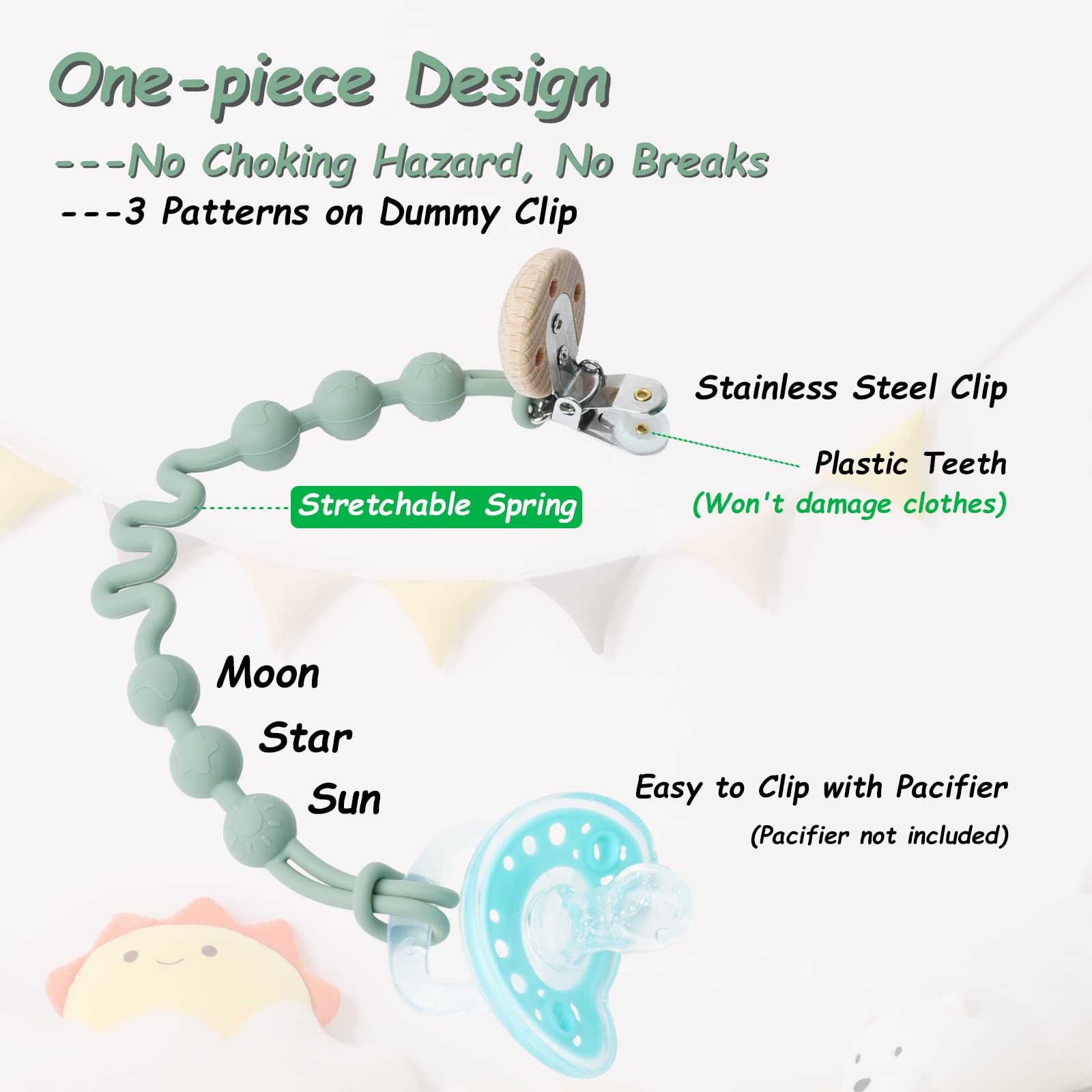 Silicone Dummy Clip with Adjustable Spring for Baby Boys and Girls, 4 Pack Pacifier Clips, Seposeve Soft Flexible Dummy Case with 3 Textures, Soother Clips Chains, One-Piece Design,Green Blue