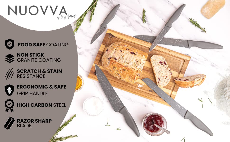 nuovva Professional Kitchen Knife Set – 5pcs Grey Kitchen Knives – Stainless Steel Granite Non Stick Blades – Chefs, Filleting, Bread, Paring and Utility Knives