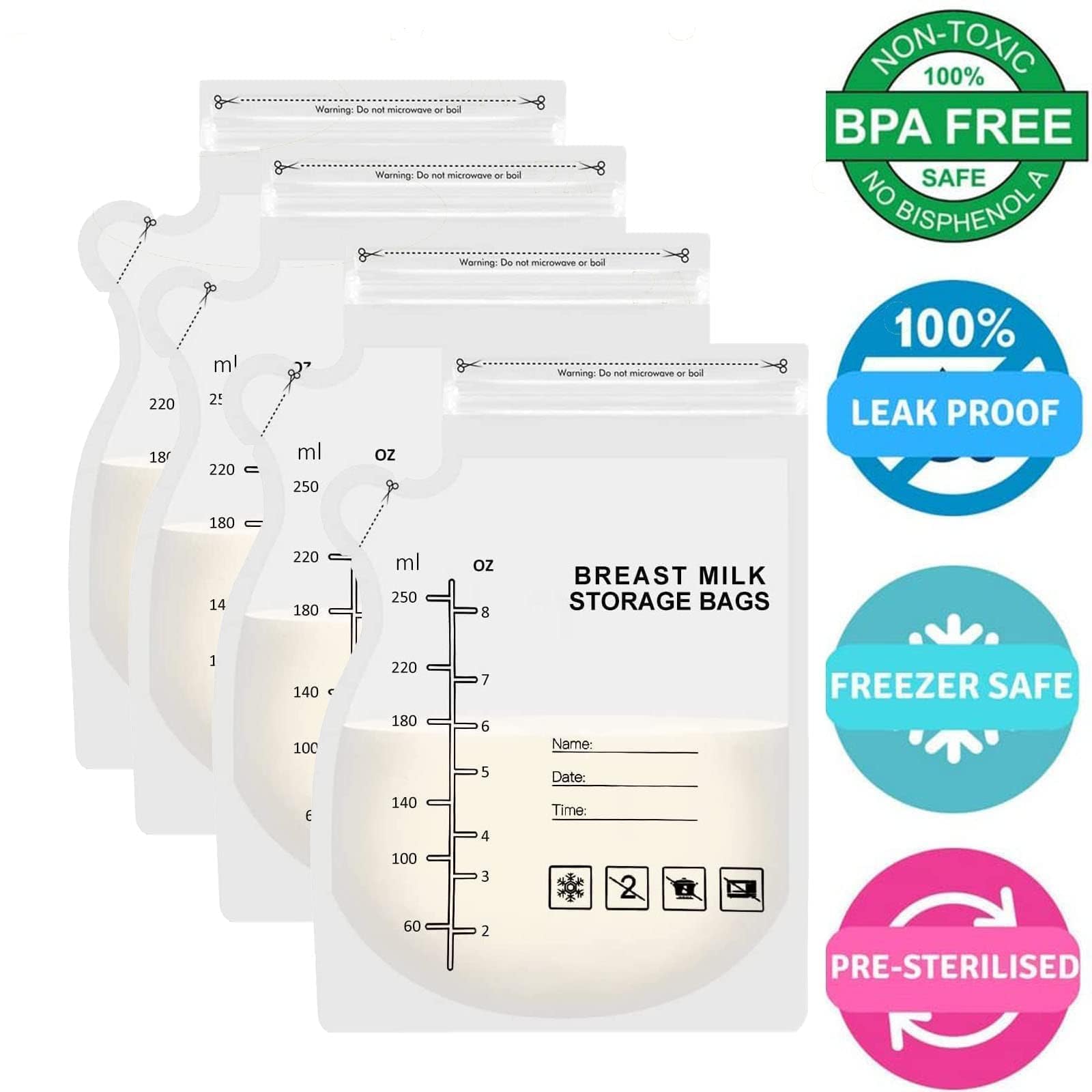 JEOPKO 50 Pcs Breast Milk Storage Bag, Easy Pour Pouch, Breastfeeding Essentials Fresh-Keeping Bag with Scale, Double Zipper Sealing Space Saving for Fridge or Freezer Use