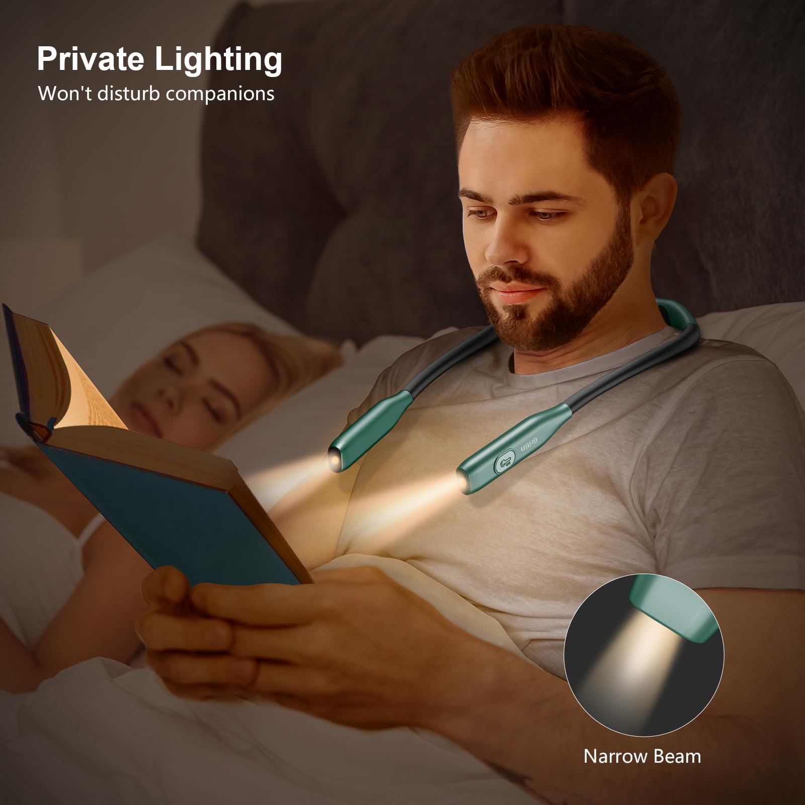 Gritin Neck Reading Light, Rechargeable Book Light for Reading in Bed at Night-Eye Caring 3 Colors, Stepless Dimming, 80andHrs Runtime, Neck Curve Fit Design, Comfortable for Readers-Blackish Green