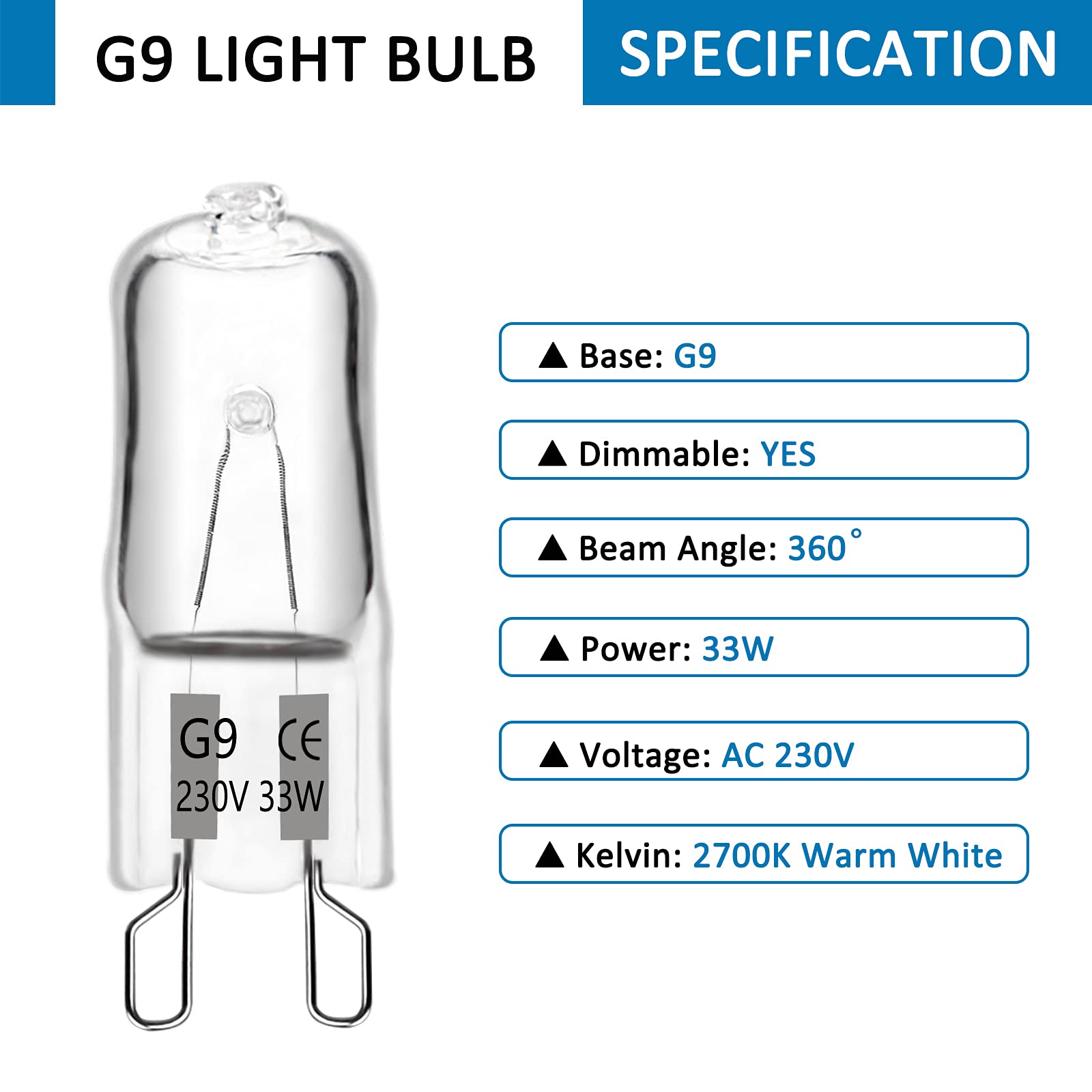 G9 Halogen Light Bulbs 230V 33W Dimmable, 460LM Warm White 2700K, 360° Beam Angle, No Flicker, G9 Halogen Capsule Bulbs for Cooking Lighting, Wax Lamp, RV Light, Chandelier and Ceiling Lights, 10 Pack