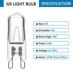 G9 Halogen Light Bulbs 230V 33W Dimmable, 460LM Warm White 2700K, 360° Beam Angle, No Flicker, G9 Halogen Capsule Bulbs for Cooking Lighting, Wax Lamp, RV Light, Chandelier and Ceiling Lights, 10 Pack