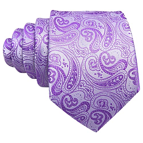 Barry.Wang Man Solid Tie Set Silk Paisley Light Purple Necktie Pocket Square Cuff Links Business