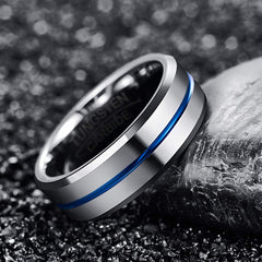 NUNCAD Basic 8mm Tungsten Steel Color Ring Thin Blue Grooved Wedding Band for Men Women Size N