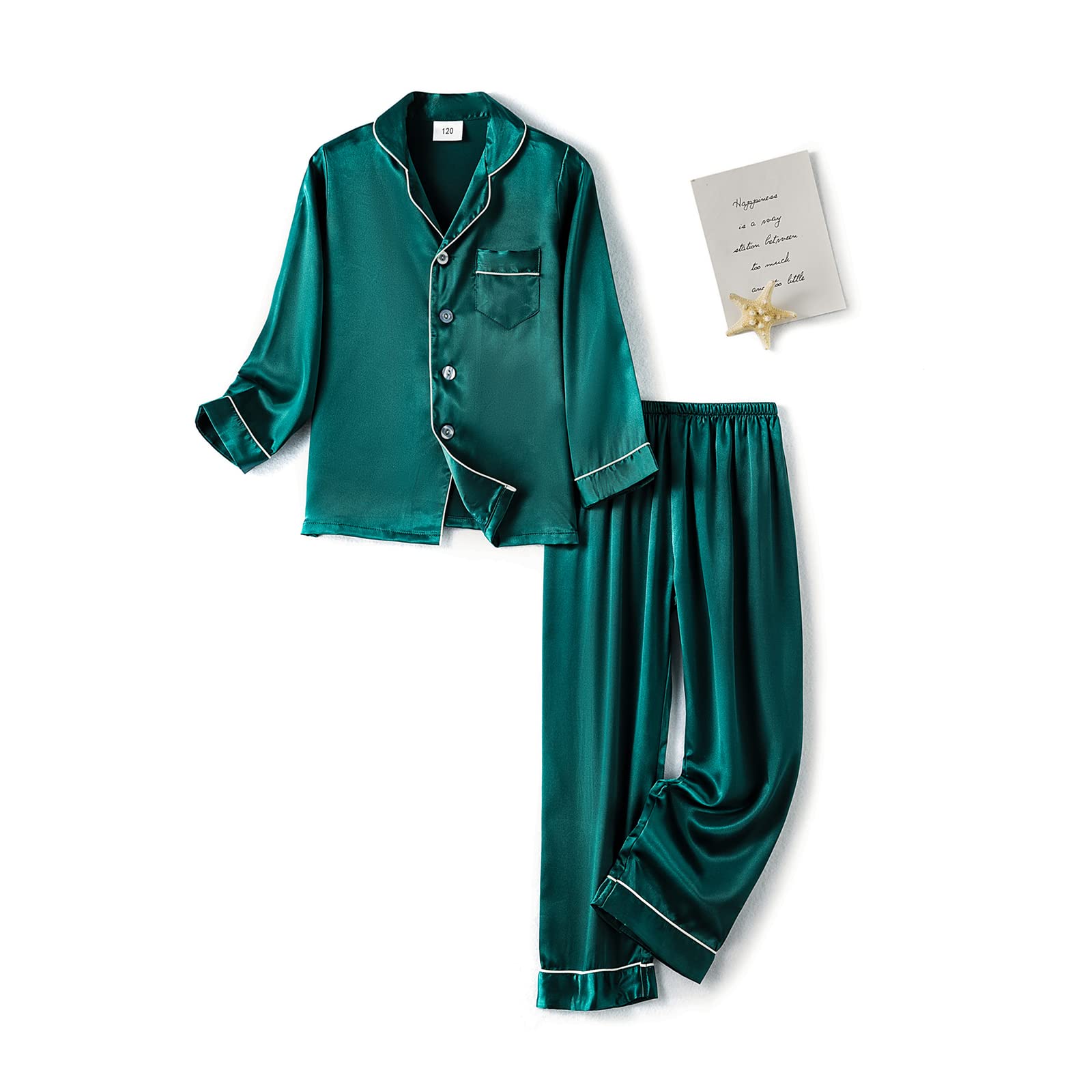 PythJooh Girls Satin Pyjamas Sets Girls Boys Long Sleeve Button-Down Pjs Set 2PCs Silky Nightwear Sleepwear for 3-14Years Green