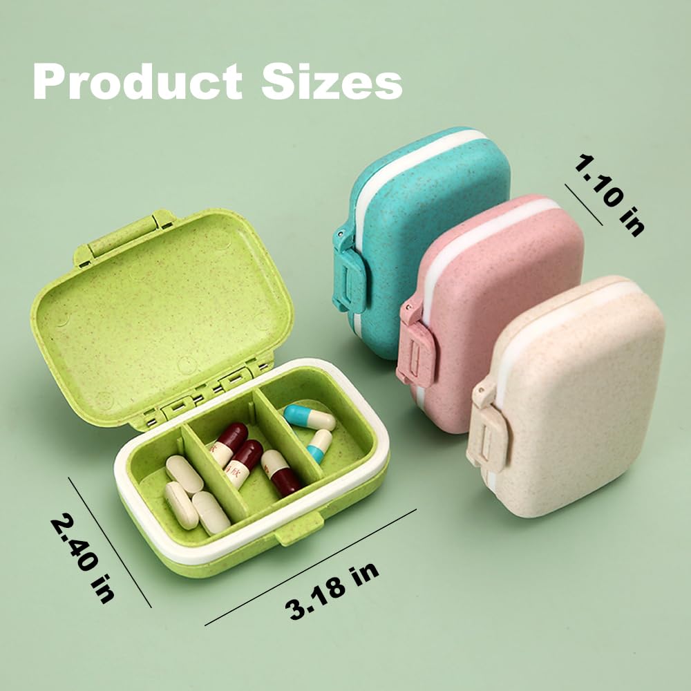 JUNIPLTER 2 Pack Small Pill Box with 3 Compartment, Daily Pill Case for Pocket, Travel Pill Organizer Box, Portable Pill Container Pill Holder for Vitamins, Fish Oils (Beige)