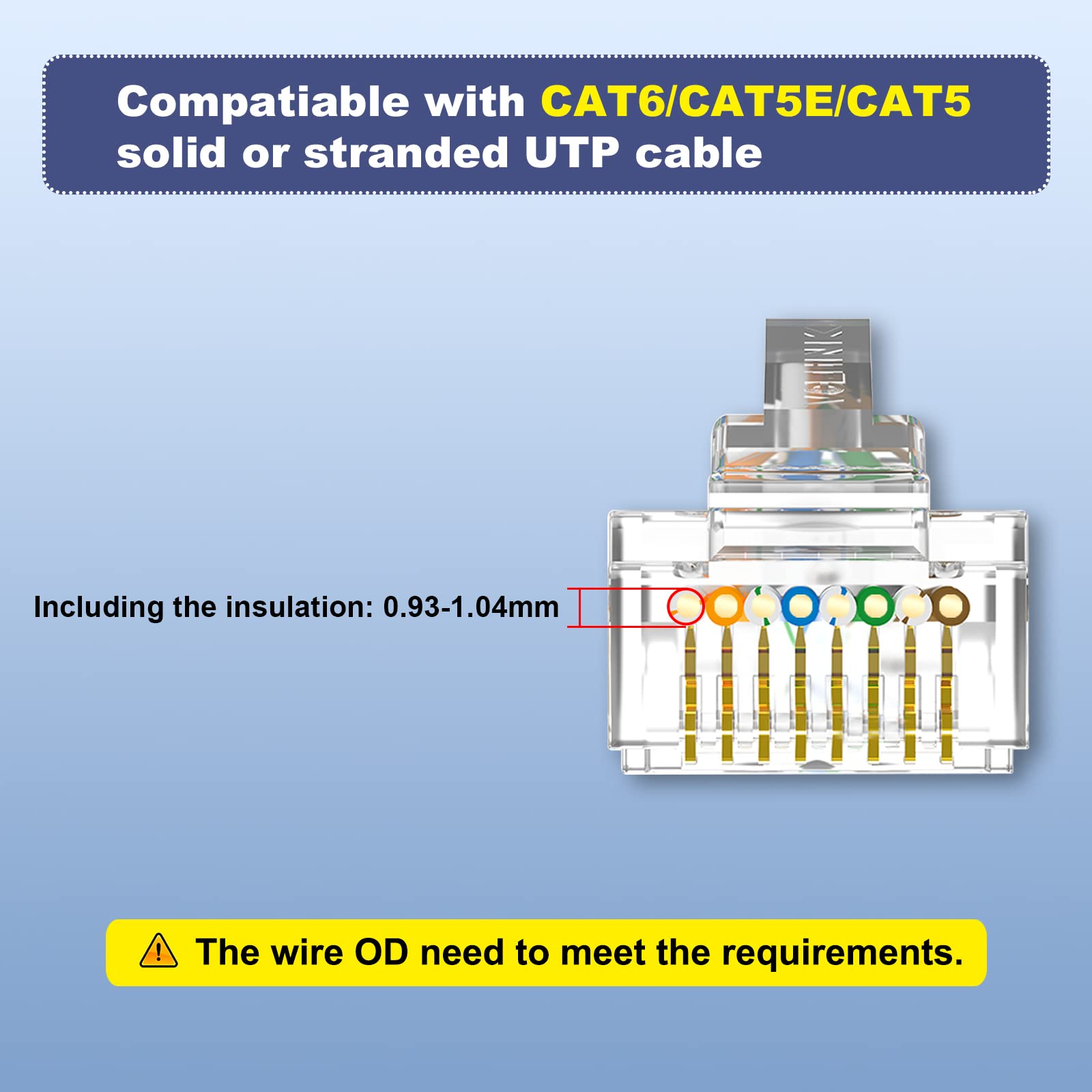 VCE 50μ RJ45 Connector Gold-plated Cat6 50 Pack, RJ45 Pass Through Connectors RJ45 Plugs Ethernet Plug for Cat6/Cat5/Cat5e UTP Solid & Stranded Network Cable