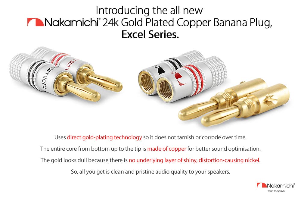 Nakamichi Excel Series 24k Gold Plated Banana Plug 12 AWG - 18 AWG Gauge Size 4mm for Speakers Amplifier Hi-Fi AV Receiver Stereo Home Theatre Audio Wire Cable Screw Connector, 4 Pcs (2-Pairs)