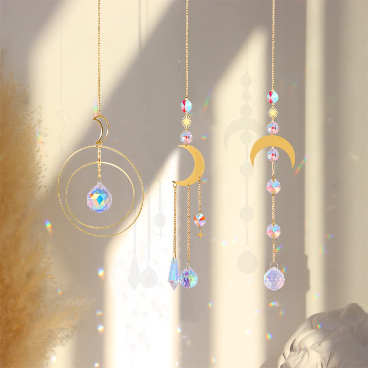 3 PCS Sun Catchers, Suncatcher, Crystal Window Garden Glass Prism Pendant Hanging Wind Chimes Rainbow Sun Moon Pendant for Window Home Garden Decoration