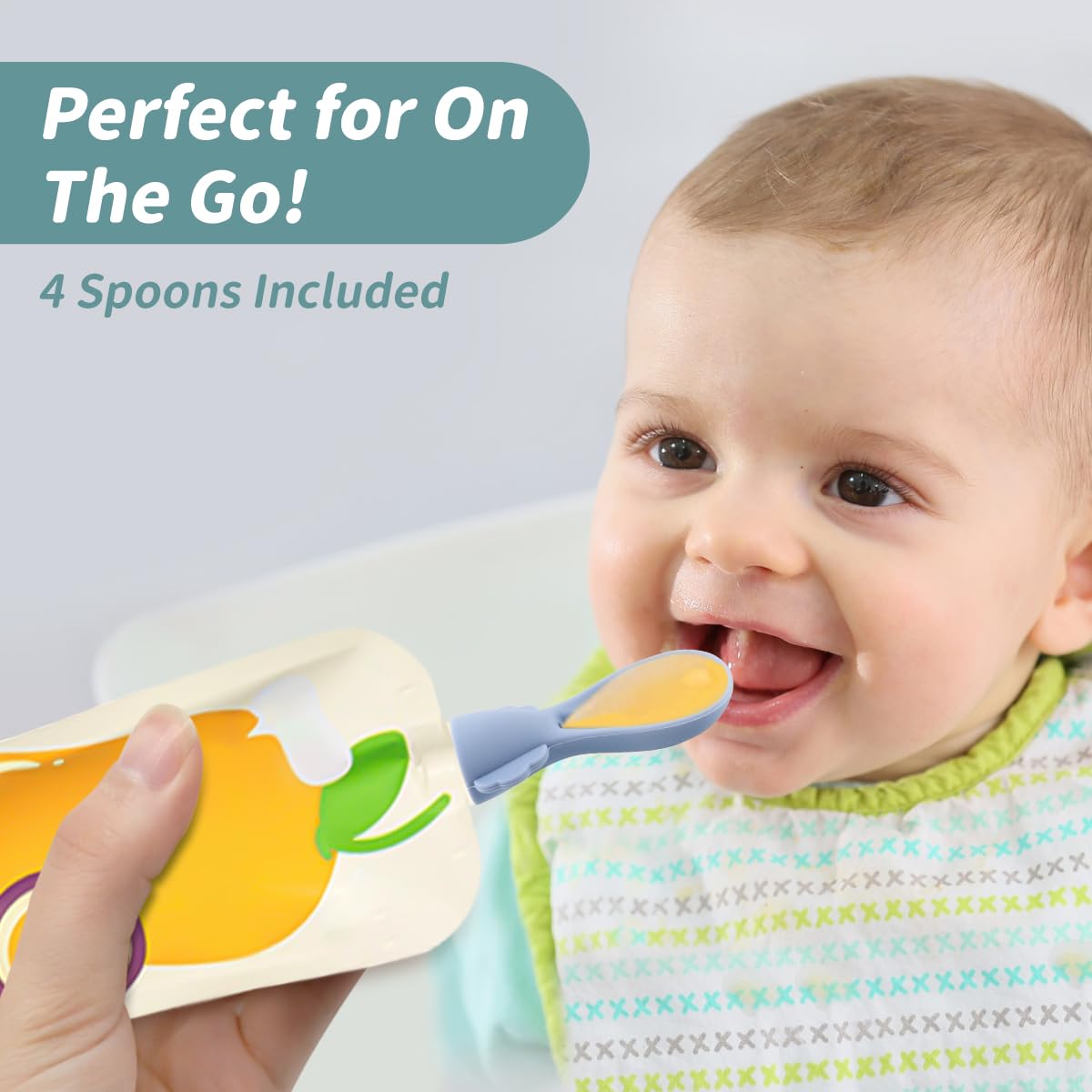 MUQZI Baby Food Pouch Silicone Spoon - Squeeze Spoons Feeding Set, Reusable Baby Weaning Spoon, Self-Feeding Spoon for Babies, 4 Colors