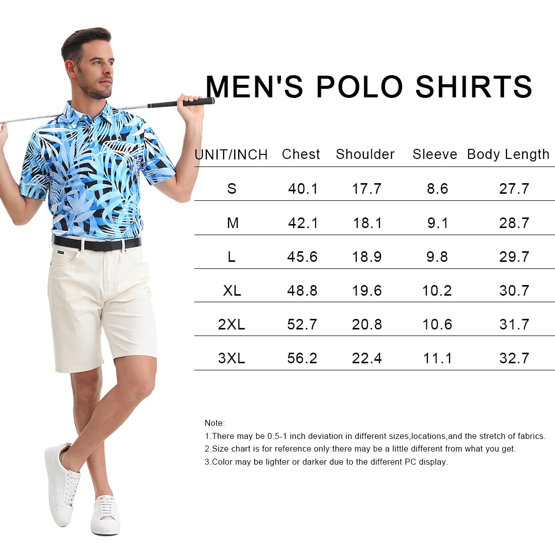 iCKER Mens Short Sleeve Polo Shirts Golf Printed Polo Shirt for Men Casual Elastic T-Shirt Soft Tee Polo Tops,Blue XK043,XL