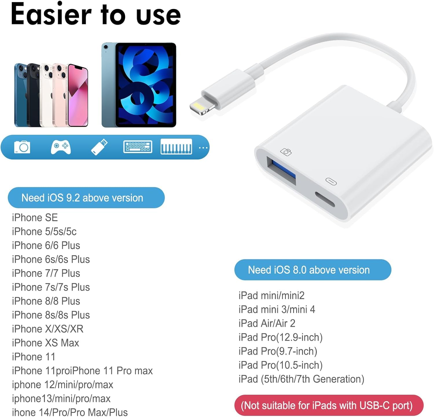 AGEEMY USB Adapter for iPhone, iPhone USB Camera Adapter and PD Port, Lightning to USB Camera OTG Adapter Compatible with iPad, Support Card Reader, USB Flash Drive, Keyboard, Game Controller, Mouse