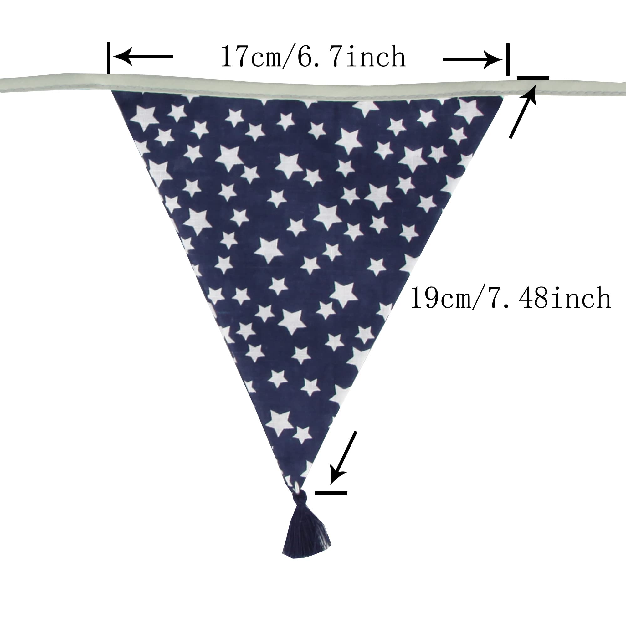 G2PLUS Fabric Bunting Banner with Tassel, 3.3M Double Sided Cotton Tassel Banner with 12 Blue and Grey Triangle Pennants, Vintage Cloth Garlands for Nursery Bedroom Playhouse Decoration