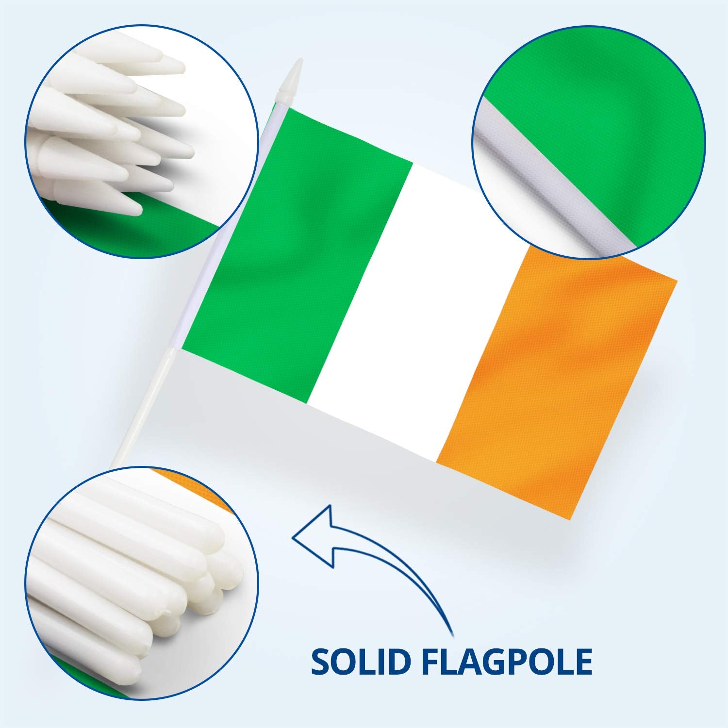 Ireland Stick Flag, ANLEY Irish National 5x8 inch HandHeld Mini Flag With 12 inches White Solid Pole - Vivid Color and Fade Resistant - Hibernian 5 x 8 inch Hand Held Stick Flags With Spear Top (1 Dozen)