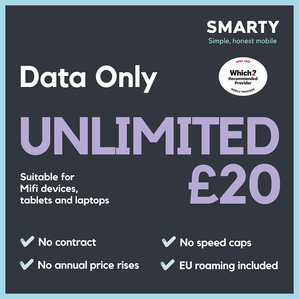 SMARTY Unlimited Data only SIM. 1 month plan, No contract, EU Roaming