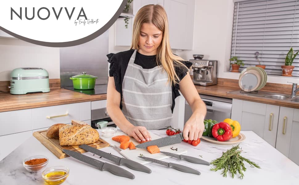 nuovva Professional Kitchen Knife Set – 5pcs Grey Kitchen Knives – Stainless Steel Granite Non Stick Blades – Chefs, Filleting, Bread, Paring and Utility Knives