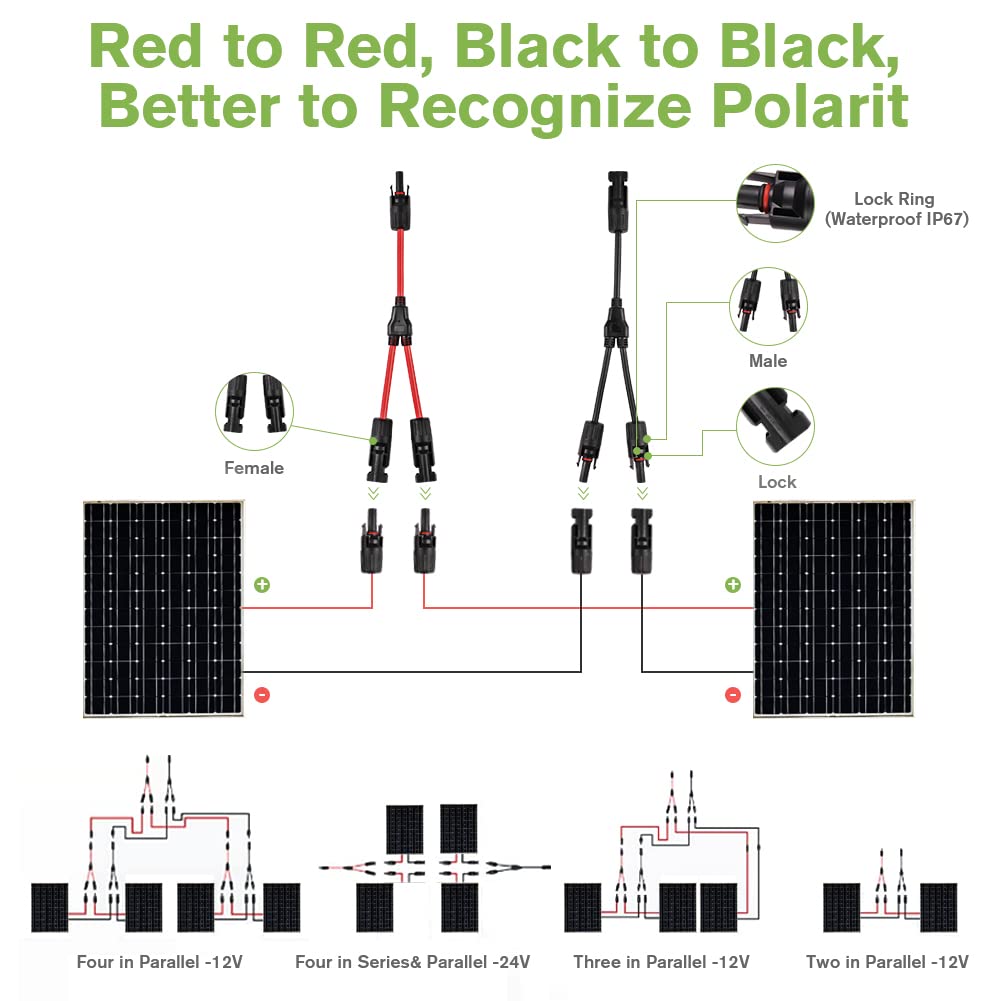 URAQT Solar Cable Y-Splitter (1 to 2), 2 Pcs 6mm² Solar PV Parallel Adapter Y Cable Connector, Solar Panel Extension Cable MMFandFFM for Parallel Photovoltaic Connection, Solar Panel Charging