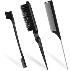 Qufiiry 3Pcs Slick Back Hair Brush Set, Double-Sided Edge Brush, Hard Bristle Brush and Rat Tail Hair Comb, Teasing Hair Edge Brushing, Slicking Hair for Women Men Kids