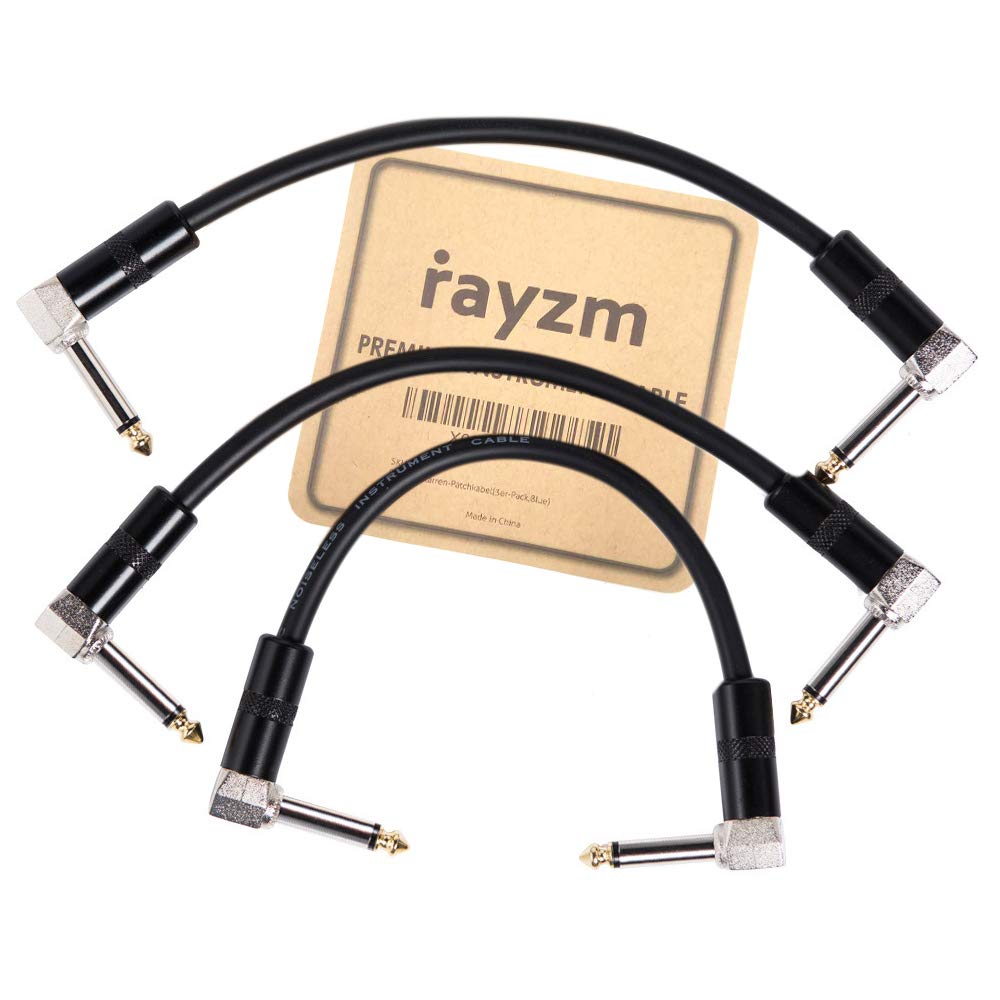 Rayzm Guitar Patch Cable - 6.35mm Noiseless 15cm Guitar/Bass Effects Pedalboard Patch Cable Cord, Right Angle Male TS Mono Instrument Cable for Guitar/Bass Effect Pedals (Pack of 3)