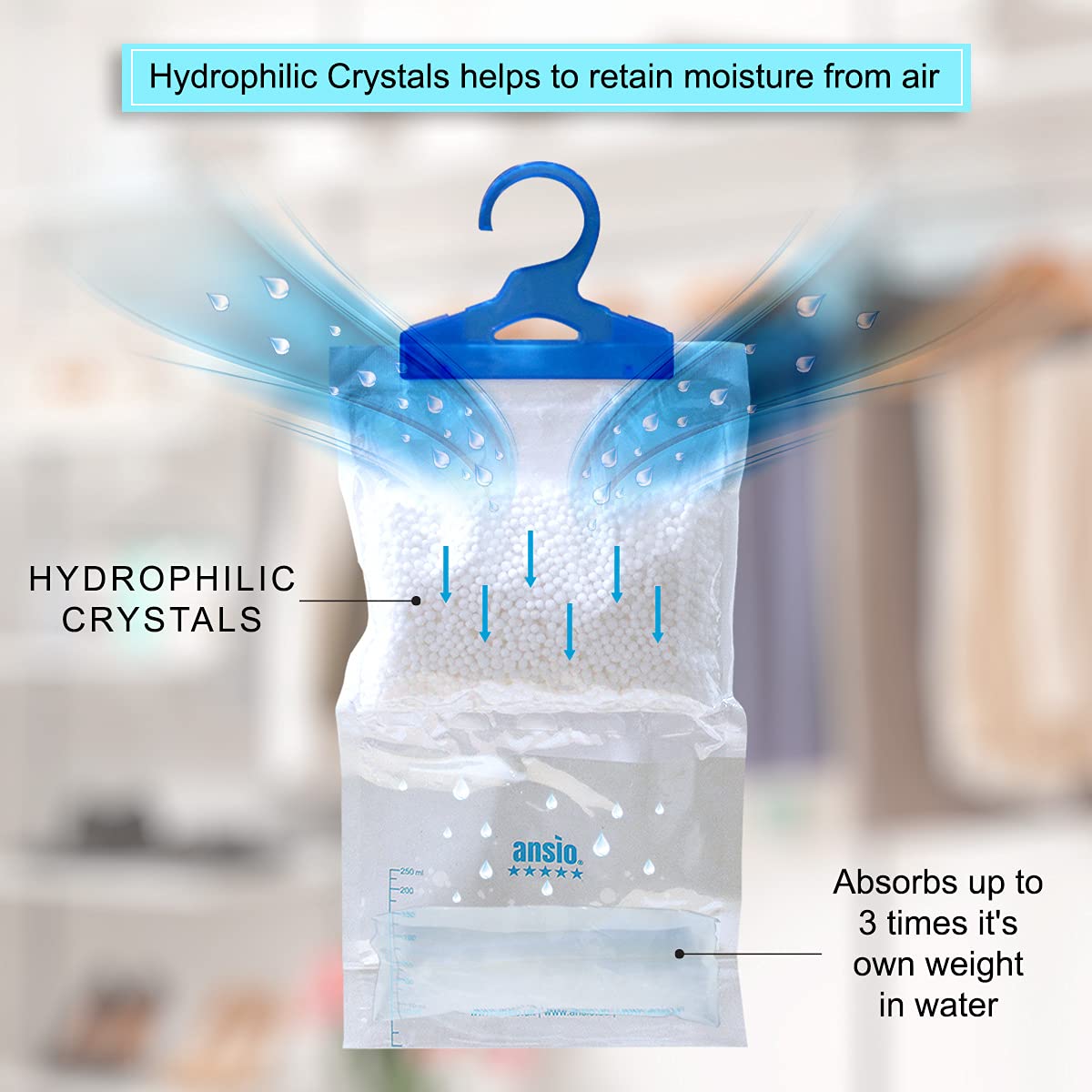 ANSIO Hanging Interior Wardrobe Dehumidifier Bags Pack of 3, Trap, Condensation, Dehumidifiers for Damp, Mould, Bedroom, Caravan, Bathroom, Basement, Office – 210g Each