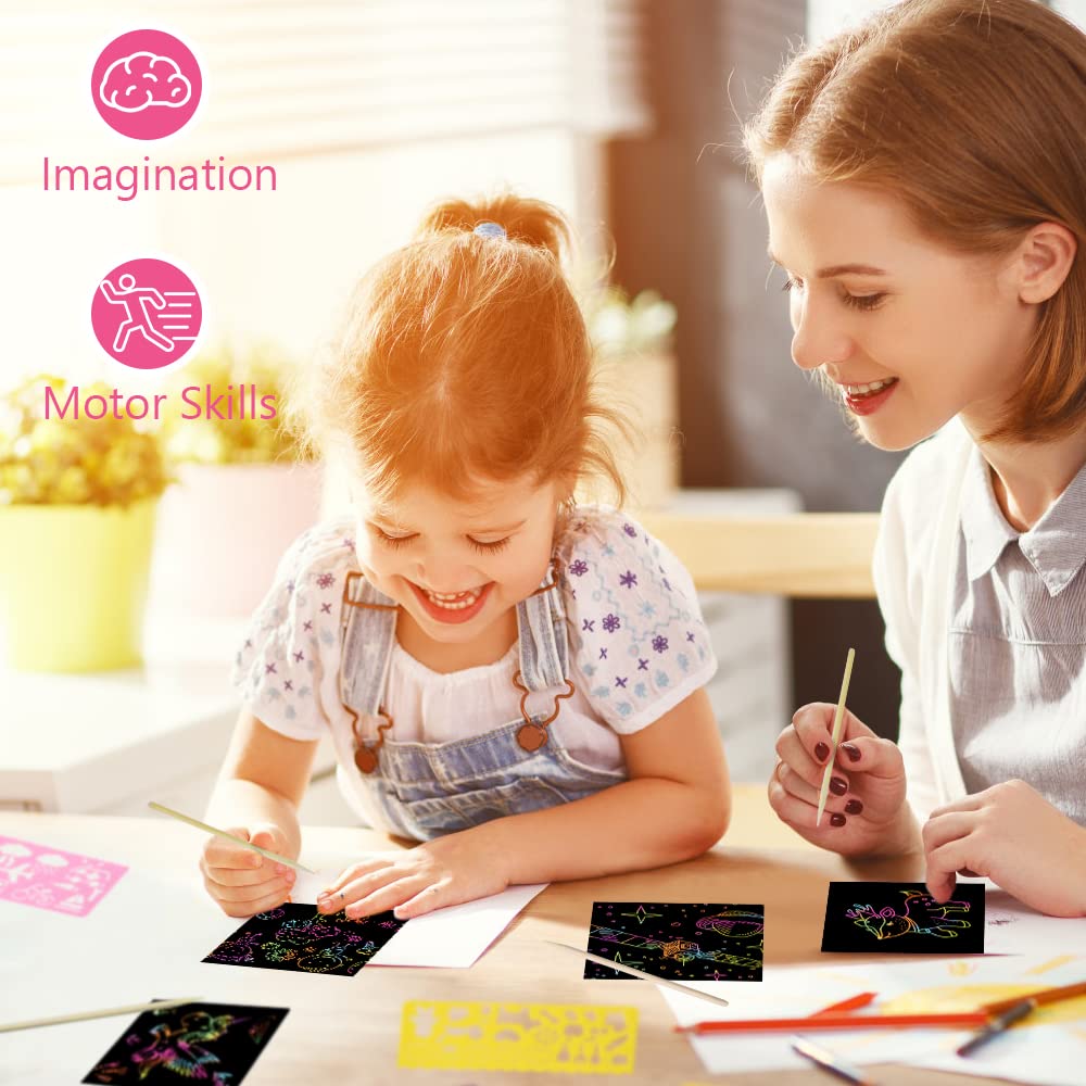 Vicloon Rainbow Scratch Art, 50Pcs Black Magic Scratch Art Notes Painting Boards Arts and Crafts for Kids with 4 Stencils 5 Wooden Stylus Birthday Gifts DIY Party Gift(8.5 * 8.5CM)