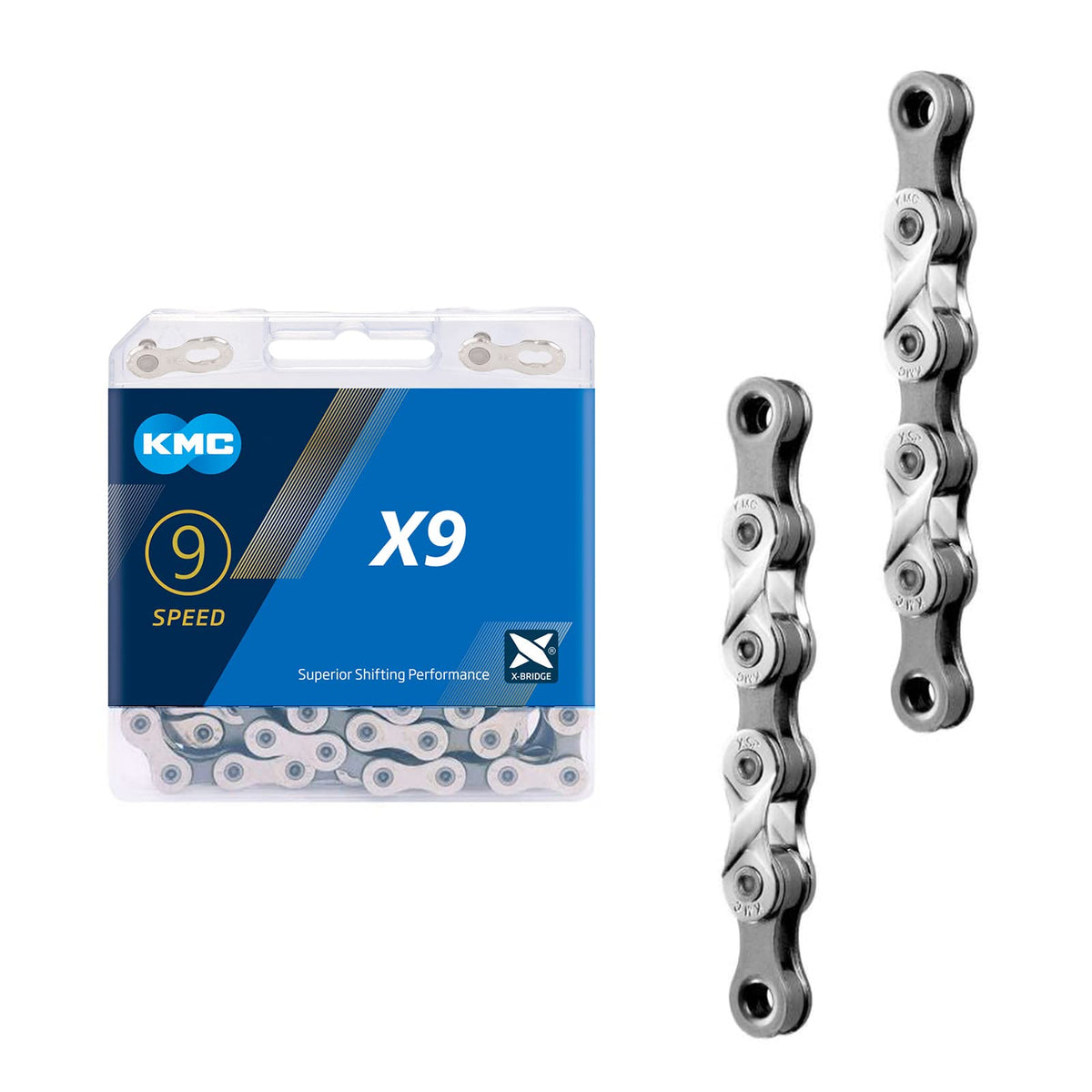 KMC X9 9-Speed Chain 116 Links, Road/Mountain Bike Bicycle Chain with Missing Link-Sliver Gray for Shimano SRAM