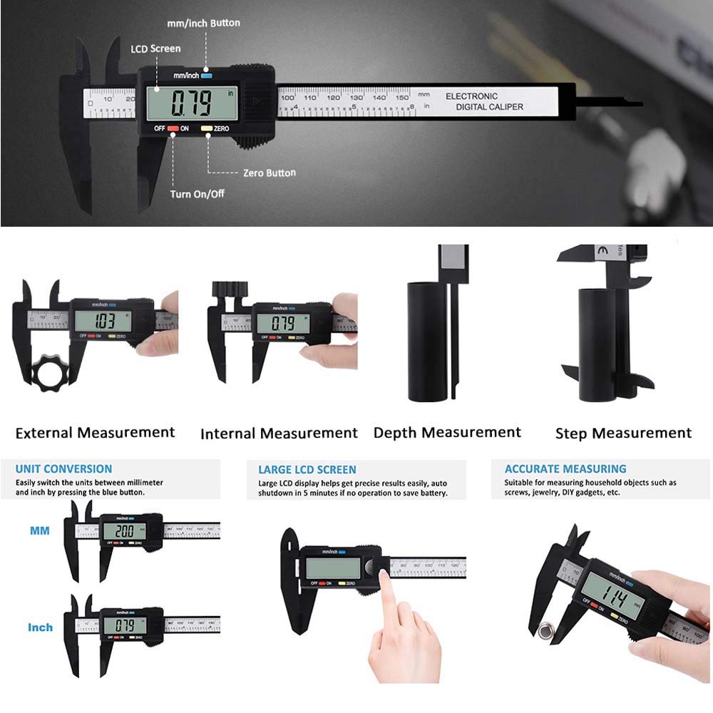 Electronic Digital Caliper 150mm 0-6 inches Vernier Caliper Measuring Tool Large LCD Screen Auto-Off Feature Inch and Millimeter Conversion,with Battery, Water Resistant,Household DIY